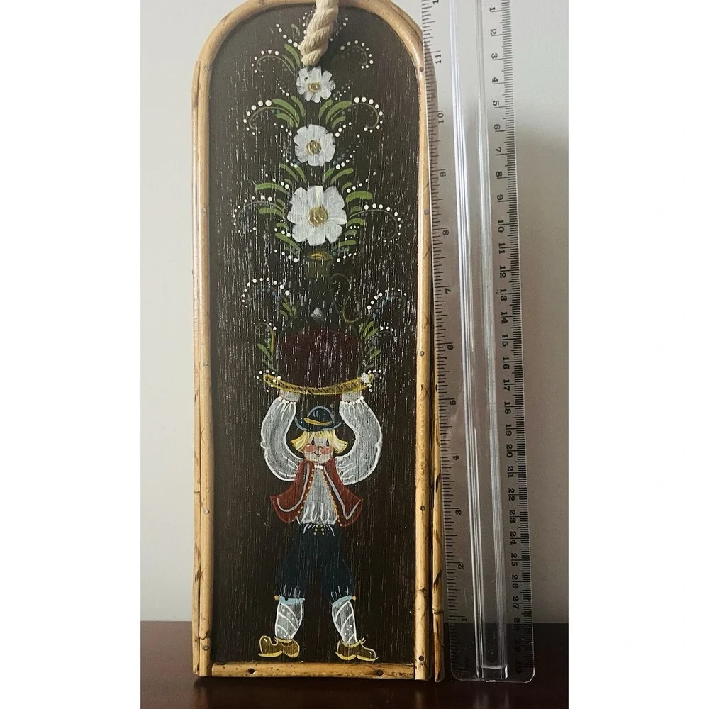 Vintage Hand Painted Scandinavian Folk Art Woven Wood Wine Box Gift Carrier 12in